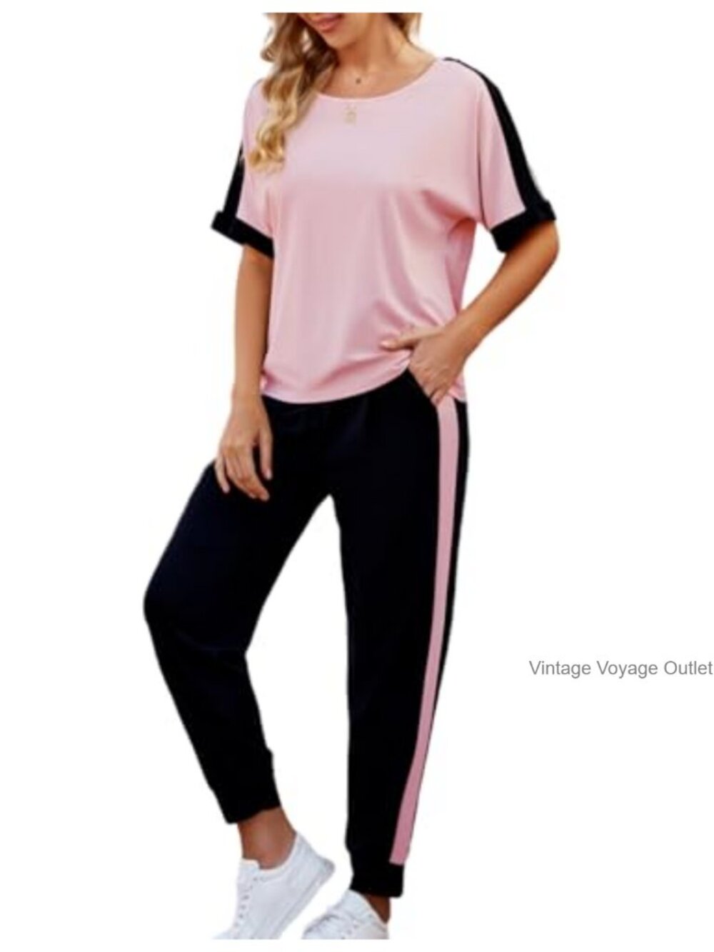 Women 2 Piece Lounge Set Short Sleeve Top Jogger Pants Soft Knit Pockets